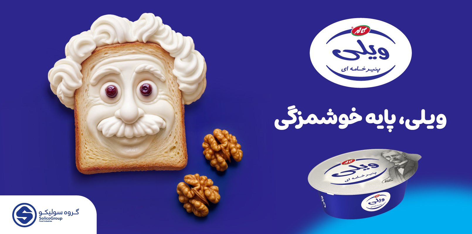 Creative breakfast toast designed to resemble Einstein using Willie cream cheese and walnuts