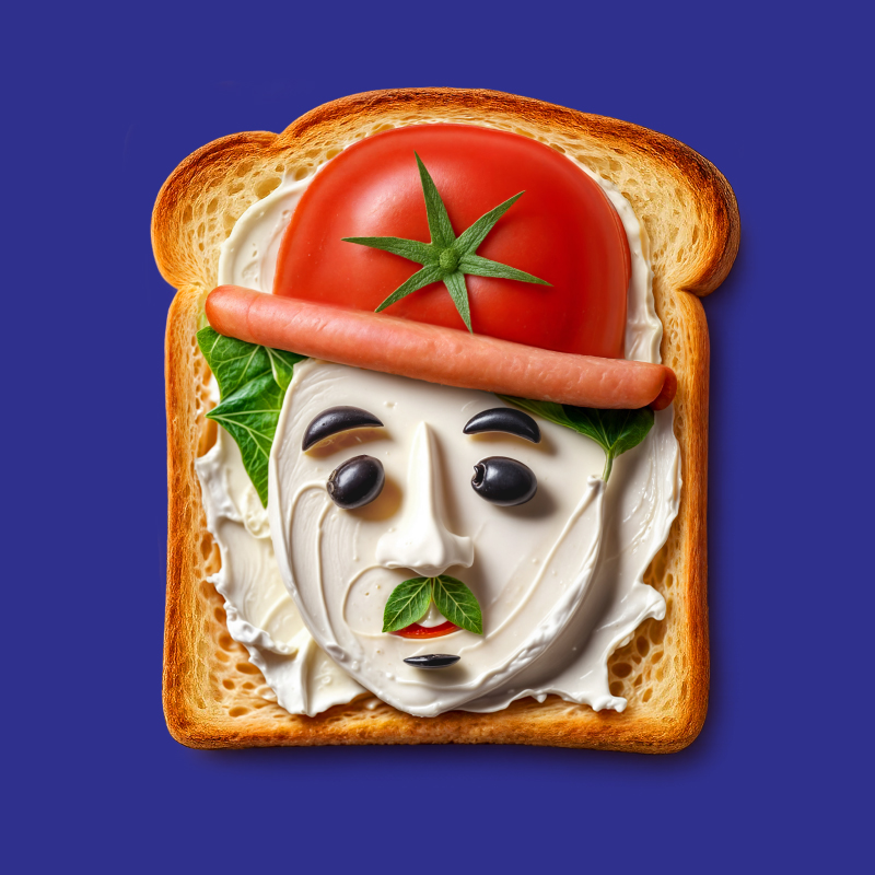 Creative toast artwork resembling Charlie Chaplin made with Willie cream cheese and breakfast ingredients