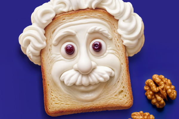 Creative breakfast toast designed to resemble Einstein using Willie cream cheese and walnuts